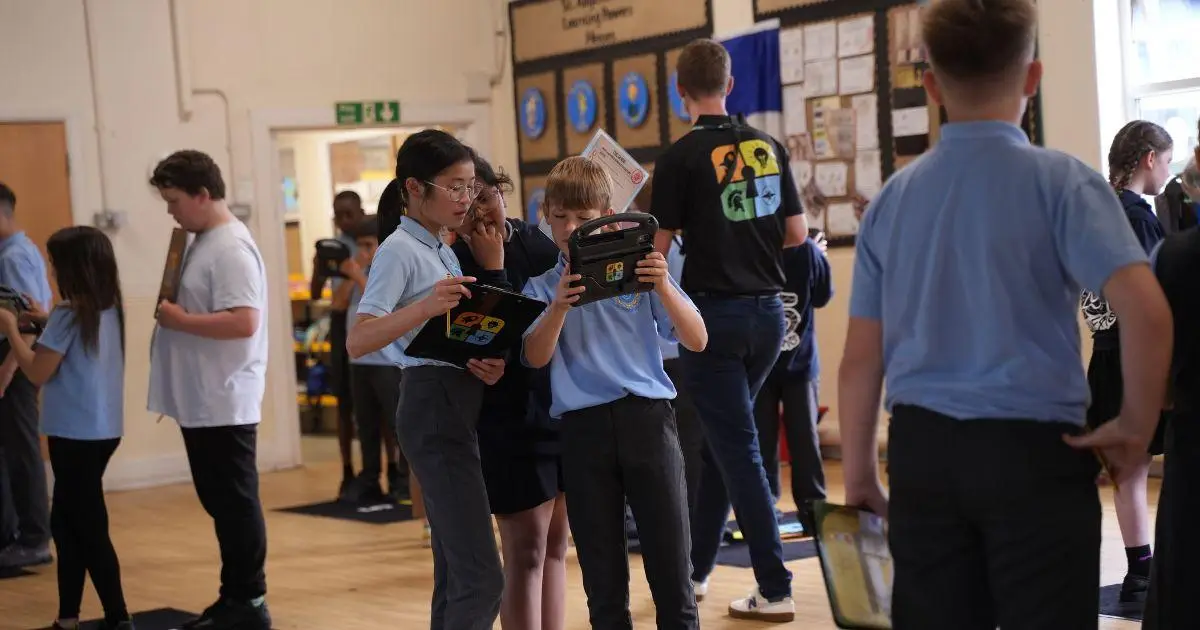 group of children enjoying an augmented reality Roman history game